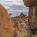 Massive Dolerite Rock Formations at Giant`s Playground near Keetmanshoop, Namibia, vertical