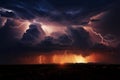 Massive dusk lightning bolts paint open plain amidst fiery storm