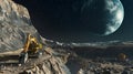 A massive excavation machine operates on an asteroid, extracting valuable regolith for processing Royalty Free Stock Photo