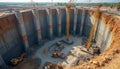 Massive excavation site for civil engineering project. Towering concrete walls support deep pit, cranes, excavators operate. Royalty Free Stock Photo