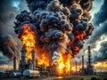 Massive Explosion and Fire at Industrial Oil Refinery Devastating Aftermath of a Catastrophic Incident Captured in a Royalty Free Stock Photo