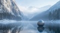 Massive Faberg egg floating in snowy mountain lake. Royalty Free Stock Photo