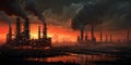 A massive factory with billowing smokestacks stands against the backdrop of a sunset sky, a powerful symbol of
