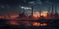 A massive factory with billowing smokestacks stands against the backdrop of a sunset sky, a powerful symbol of