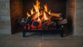 Massive fireplace with burning logs inside. Interior design concept. Cozy and warm idea. Royalty Free Stock Photo