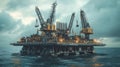 Massive Floating Industrial Construction Platform Amid Vast Open Ocean Scenery with Dramatic Lighting and Vintage Sci Fi Aesthetic Royalty Free Stock Photo