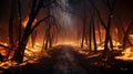 Massive forest fire disaster. Large-scale blaze engulfs trees in devastating wildfire outbreak