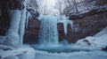 Massive frozen waterfall surrounded by wintry trees in the woods, AI-generated. Royalty Free Stock Photo