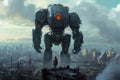 A massive, futuristic mechanical figure, a giant robot, stands atop a building, dominating the city skyline, A giant robot