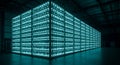 Massive glowing teal data cube in a dark hall Royalty Free Stock Photo