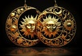Massive gold earrings with moon and sun. AI Generated