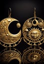 Massive gold earrings with moon and sun. AI Generated