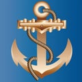 The massive gold ship anchor braided with a thick hempen rope on a bright blue background of color of sea water.