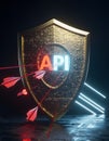 Massive Golden Shield Protecting Glowing API Endpoints from Attacks Royalty Free Stock Photo