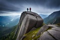 A massive granite boulder precariously balanced on the edge of a rocky cliff, defying gravity