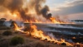 Massive grassland wildfire spreading rapidly at sunset with intense flames, thick smoke and scorched earth under dramatic sky Royalty Free Stock Photo