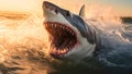 White shark breaches the surface sharp teeth bared, shark attacks. Generative AI