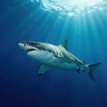 Massive great white shark underwater, isolated against blue background, tooth, powerful Royalty Free Stock Photo
