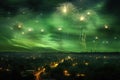 Massive green fireworks in the sky illustration. Ai generative