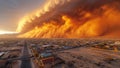 Massive haboob rolls in over small town. A massive dust storm near gigantic sand dunes is seen over the city Royalty Free Stock Photo