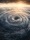 A massive hurricane develops in the open ocean during sunset, showcasing swirling clouds and powerful winds moving Royalty Free Stock Photo