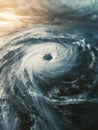 A massive hurricane is forming in the open ocean, characterized by swirling winds and dark clouds under a dramatic Royalty Free Stock Photo