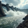 Massive hydroelectric dam releases water through multiple gates. Powerful current flows from concrete structure. Huge energy Royalty Free Stock Photo