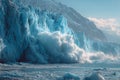 Massive ice chunks breaking from a glacier wall, creating large waves in cold ocean water Royalty Free Stock Photo