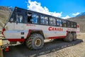 Massive Ice Explorers, specially designed for glacial travel, take tourists onto the surface of the Athabasca Glacier