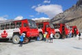 Massive Ice Explorers, specially designed for glacial travel, take tourists onto the surface of the Athabasca Glacier Royalty Free Stock Photo