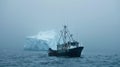 A massive iceberg looming in the distance dwarfing a small fishing boat and posing a threat to any passing vessels