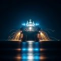 Massive illuminated container ship moving through dark waters at night creating dramatic golden light trails from sparks Royalty Free Stock Photo