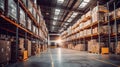 Massive Industrial Warehouse with High Shelves, Cardboard Boxes and Forklift. Distribution Center Storage Facility Interior