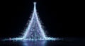 Massive, iridescent digital Christmas tree structure, featuring network pathways and geometric gifts, rises from a dark surface 8K Royalty Free Stock Photo