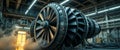 Massive Jet Engine Close-Up in Industrial Workshop with Dramatic Lighting and Vapor Effects Royalty Free Stock Photo