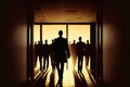 Massive layoffs hitting Big Tech. Tech workers mass layoffs. Silhouettes of lot of people go to the exit from the office. AI