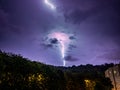 Massive lightning strike on a hill on the outskirts of the city - long exposure at night
