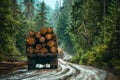 Massive logs being transported on a heavy truck through a lush green forest road in a timber logging scene.. AI Royalty Free Stock Photo