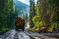 Massive logs being transported on a heavy truck through a lush green forest road in a timber logging scene.. AI Royalty Free Stock Photo