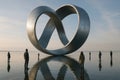 A massive metallic infinity loop sculpture stands above calm reflective water, surrounded by people observing the surreal and Royalty Free Stock Photo