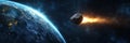 Massive meteorite blazing through dark atmosphere, creating luminous trail and potential devastating impact Royalty Free Stock Photo