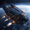 A massive military battlecruiser starship prepared to face its enemies in epic space battles