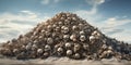 Massive mound of skulls set against the backdrop of a war-ravaged landscape , concept of Devastating aftermath