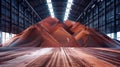 A massive mound of vibrant red sand dominates the warehouse, showcasing the mining and processing of potash fertilizers