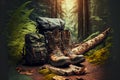 Massive mountain boots and Hiking Travel Backpack stand on mossy stone in forest