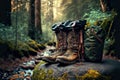 Massive mountain boots and Hiking Travel Backpack stand on mossy stone in forest