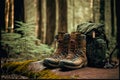 Massive mountain boots and Hiking Travel Backpack stand on mossy stone in forest