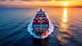 Massive multicolored cargo container ship sailing on calm ocean waters at golden sunset with reflections Royalty Free Stock Photo