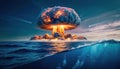Massive nuclear explosion erupts from ocean surface with underwater view mushroom cloud Royalty Free Stock Photo