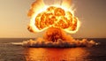 Massive nuclear explosion erupts over the ocean creating a fiery mushroom cloud Royalty Free Stock Photo